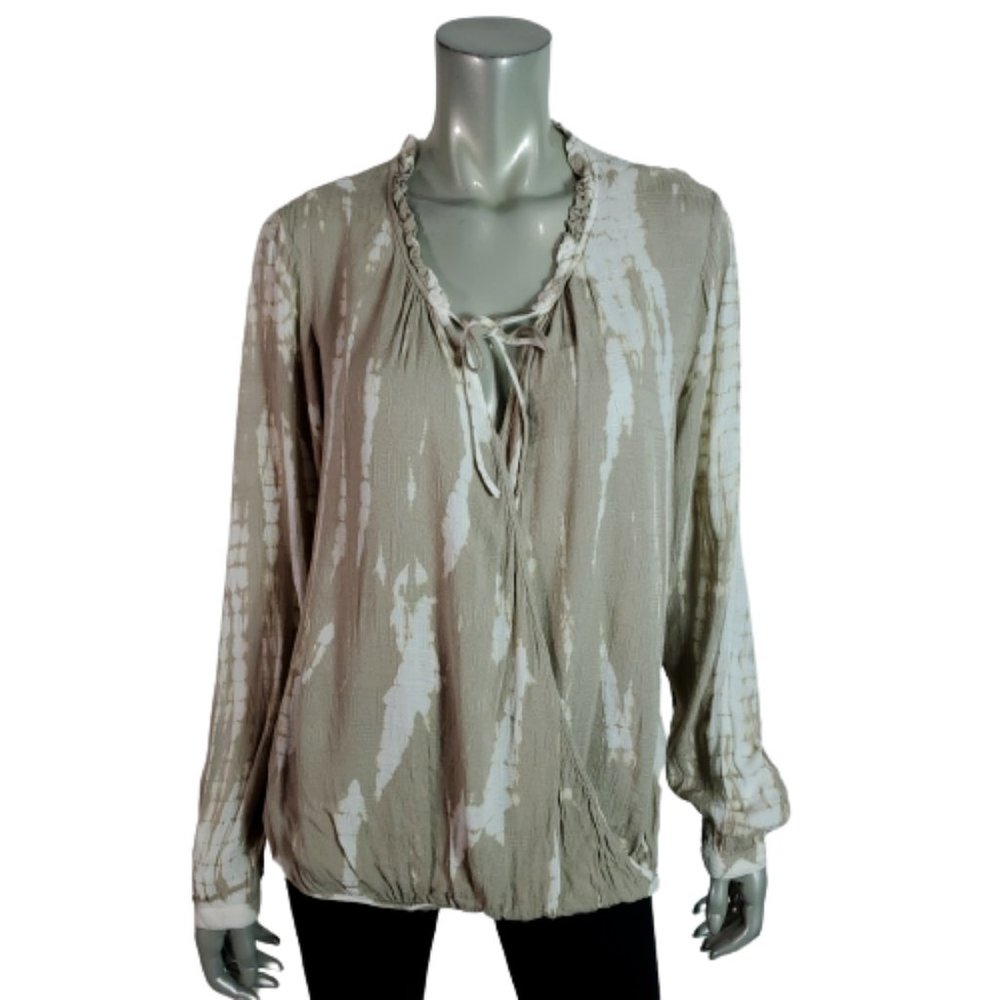Knox Rose Womens Top Size L Surplice Tie Dye Lightweight Tie Neck Pullover Beige
